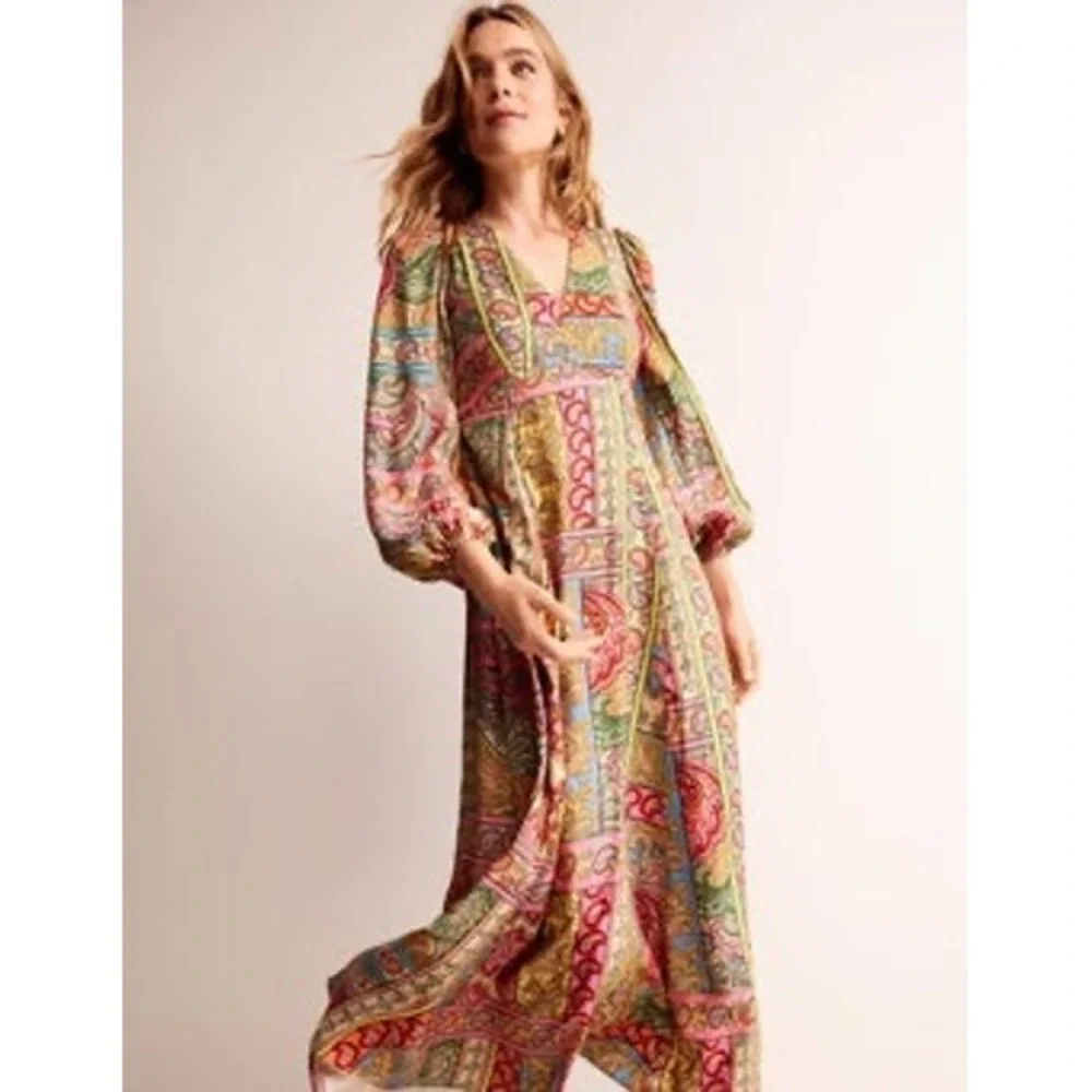 Boden Blouson Maxi Tea Dress Women 14 Pink Paisley Silk Blend‎ Flowy Cottagecore